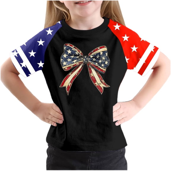 AUNVITO Boys & Girls Casual Raglan Sleeve T-Shirt Patriotic Independence Day Print Round Neck Graphic Top