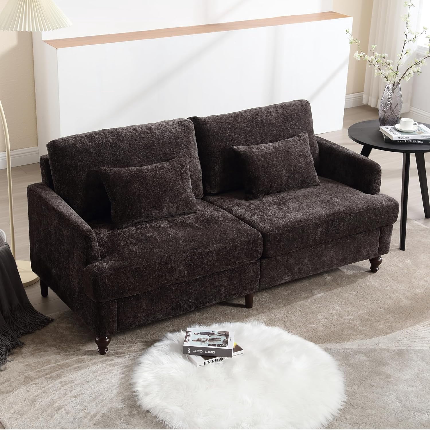 MOONMISS chenille Fabric Loveseat sofa, 2-Seat Upholstered for Living Room,Brown wood feet Black