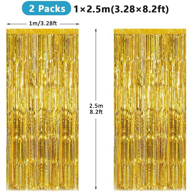 2 cortinas metálicas de oropel, decoraciones de cortina con lentejuelas, fondo decorativo con flecos de aluminio, para fiestas de cumpleaños, baby shower, bodas, decoraciones navideñas (dorado)