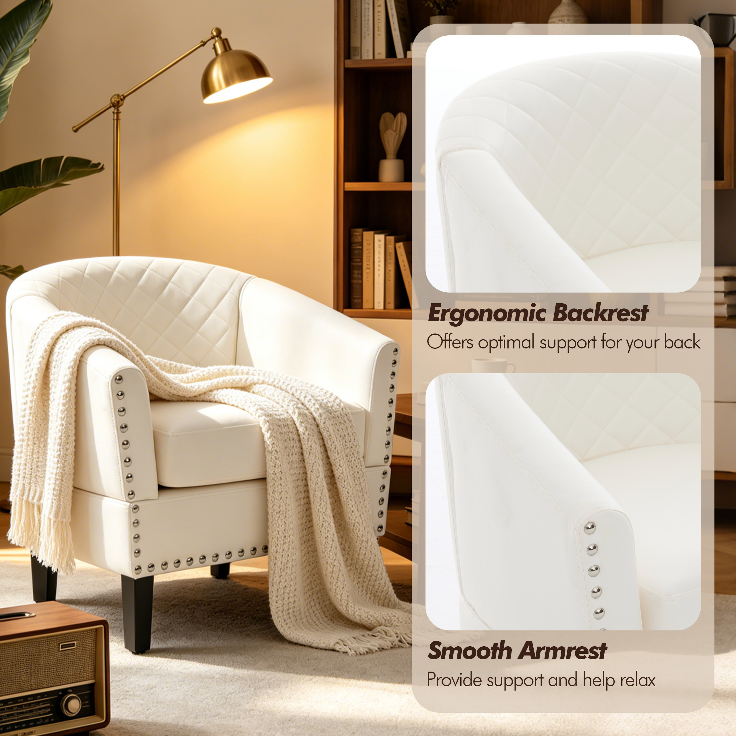 MOONMISS Barrel Accent Chair Club Armchairs Comfy chairs for Living Room, Bedroom,White
