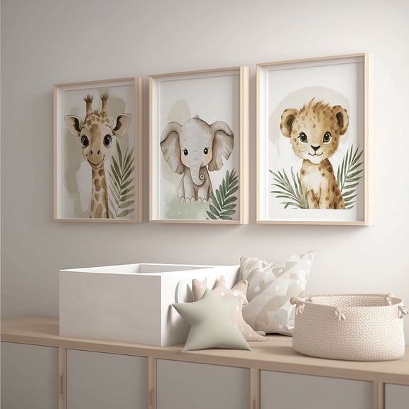 3pcs Safari Jungle Animal Nursery Wall Art Set - Soft Pastel Beige & Brown Frameless Canvas Prints with Giraffe, Elephant, Lion & Monkey - Modern Minimalist Nursery Decor for Baby Room, Bedroom, Nur