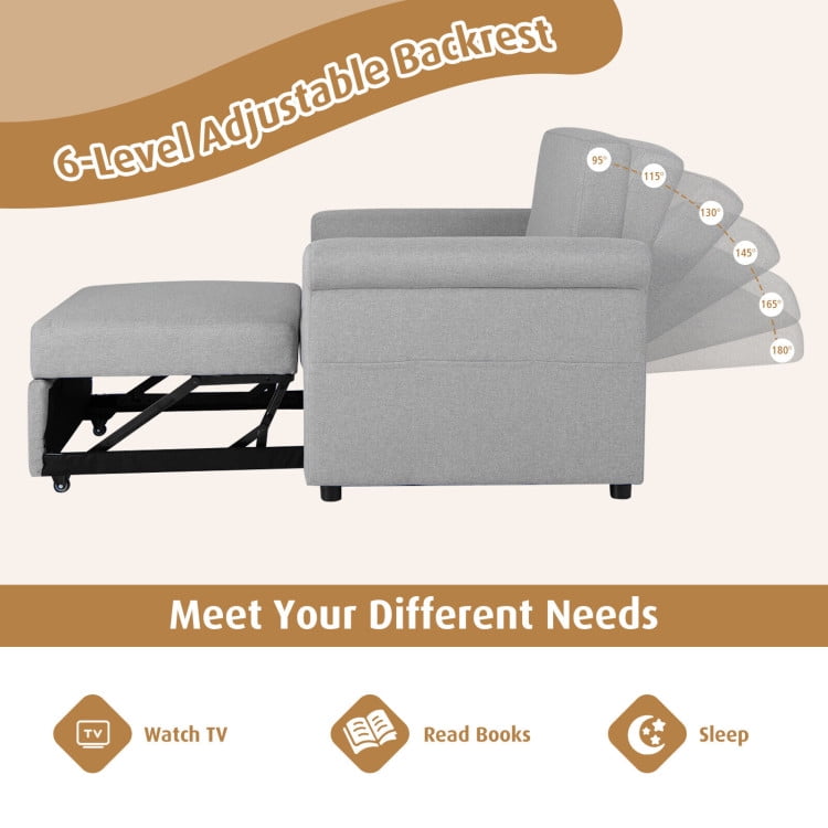 Finihen Sofa Bed, Convertible Recliner Sofa Chair, 3-in-1 Pull-out Convertible Adjustable Reclining Sofa Bed, for Living Room, Bedroom, Gray