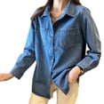 thumbnail image 2 of QATAINLAV Women's Long Sleeve Denim Jean Shirts Button Down Lapel Collar Shacket Business Casual Tops with Pockets Blue S, 2 of 7
