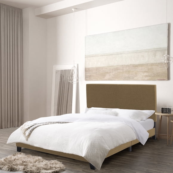 CorLiving Juniper Fabric Upholstered Adult Full/Double Platform Bed Frame with Padded Headboard and Slats, No Box Spring Required, Clay Brown