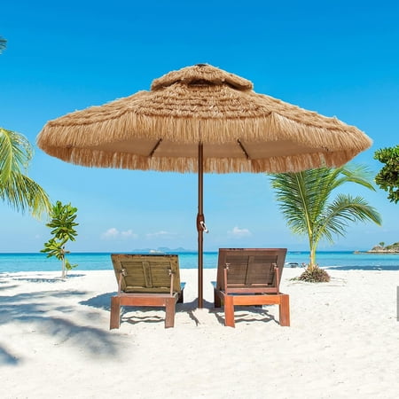 GDY 9 FT 32 LED Hula Thatched Tiki Umbrella, Hawaiian Style Beach Umbrella With Center Light, Patio Umbrella for Outdoor Tiki Bar, Tropical Palapa, Patio Garden, Beach, Backyard.