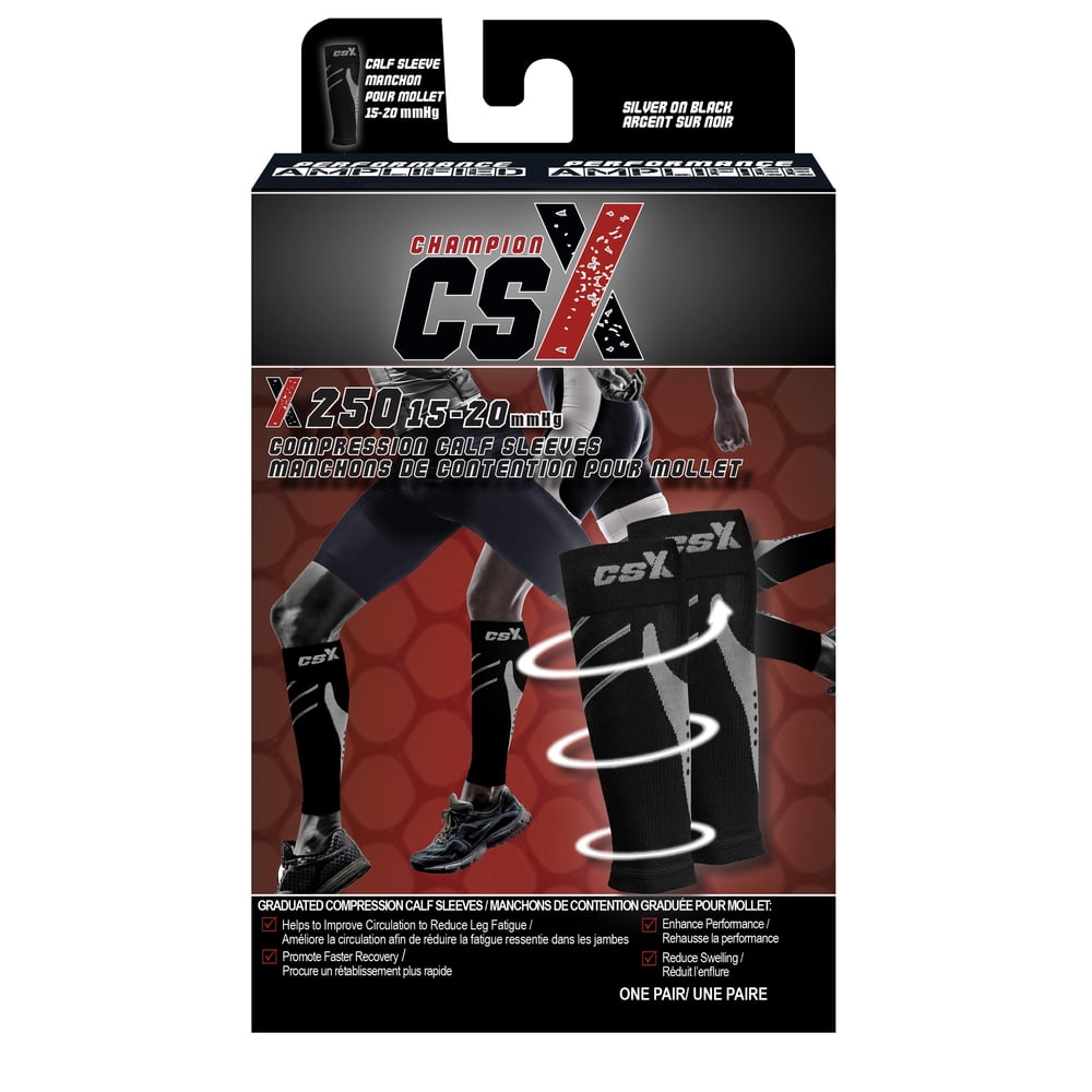 CSX Calf Sleeves, 15-20 mmHg Compression, Silver on Black, Small