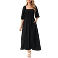 thumbnail image 2 of Vestidos de verano casuales para mujeres INSPIRE CHIC, con mangas cortas abullonadas, escote cuadrado, diseño fruncido, midi fluido y con bolsillos, color negro M, 2 of 5