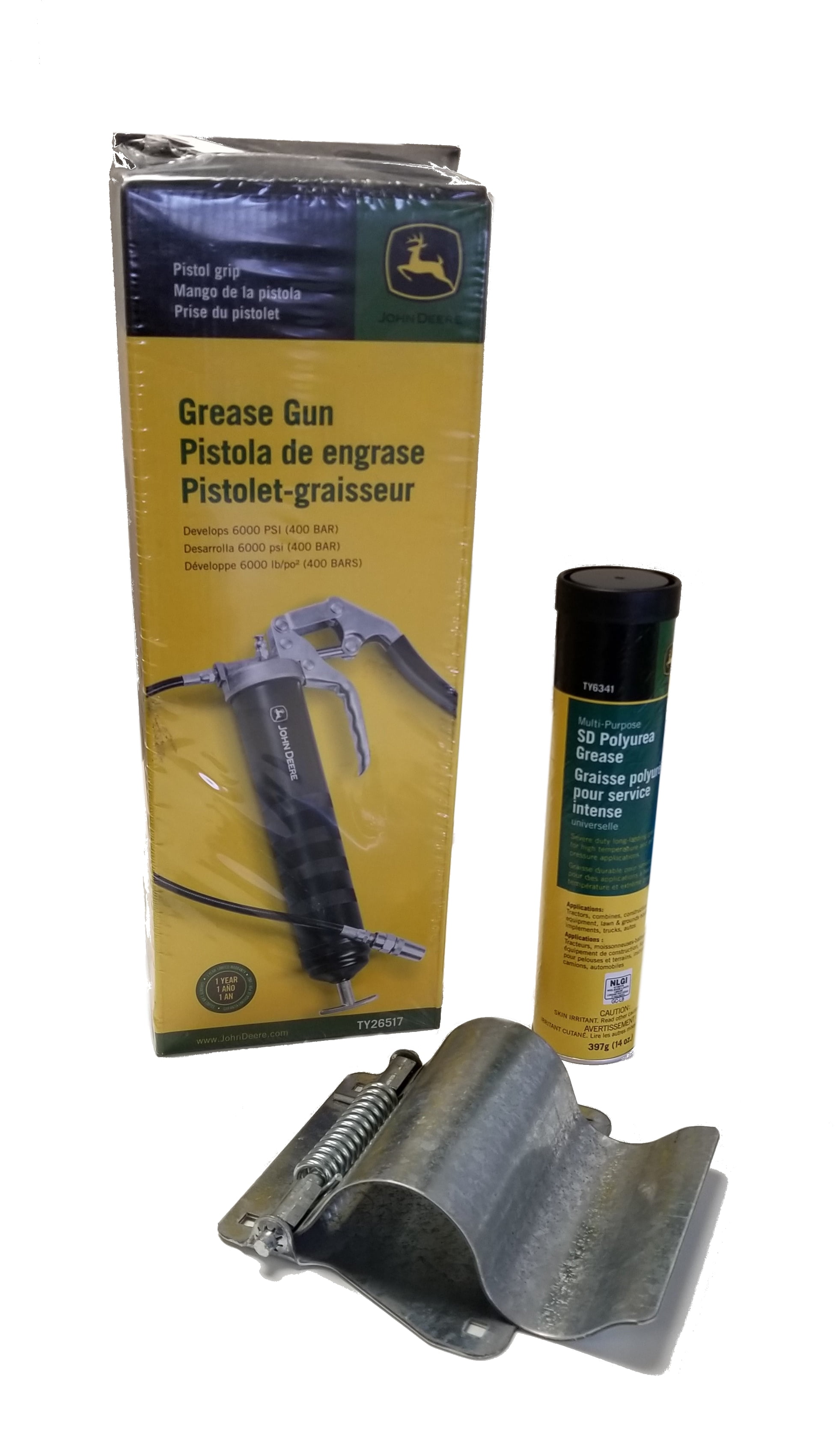John Deere Pistol Grip Grease Gun & MultiPurpose SD Polyurea Grease & Grease Gun Clamp