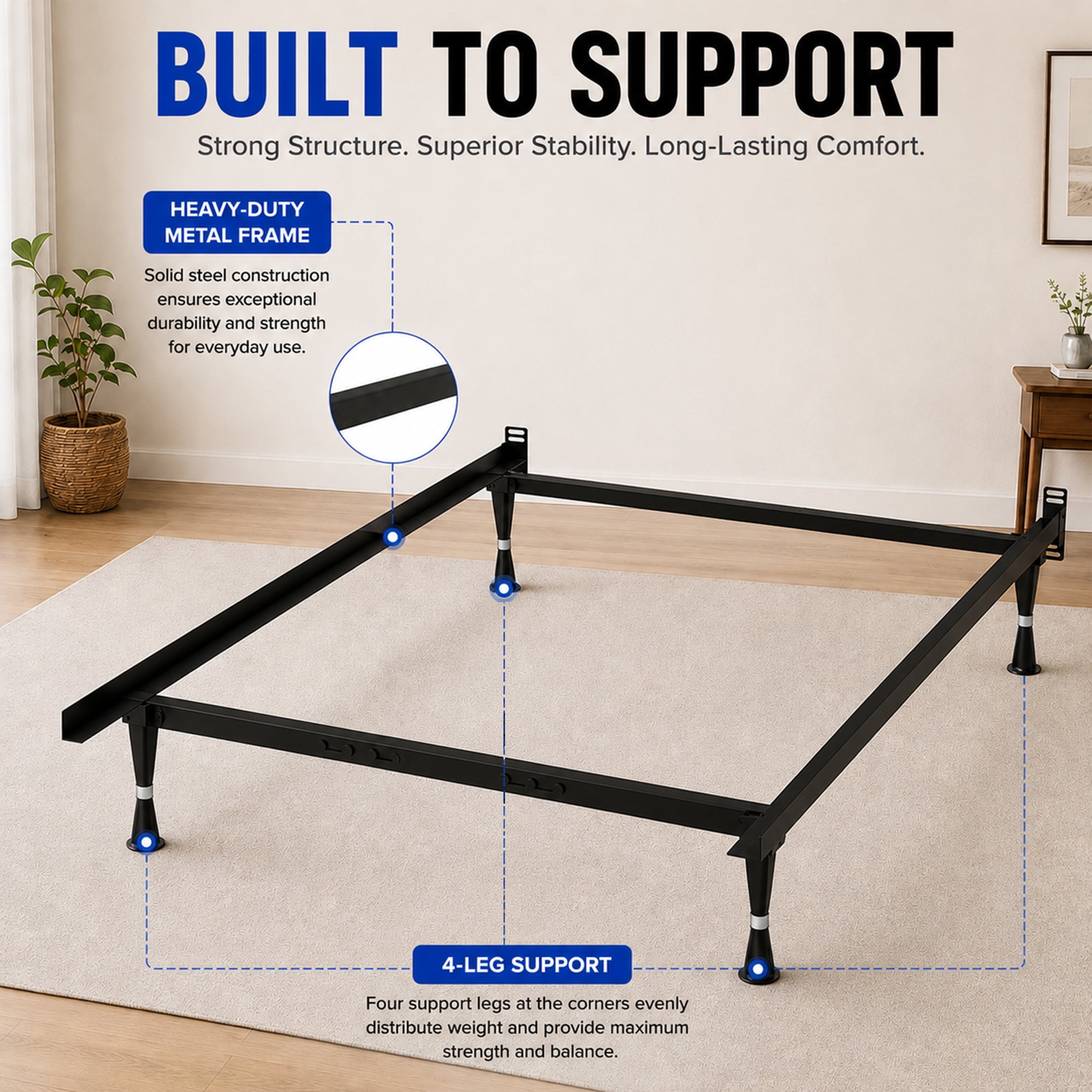 Continental Sleep, Advanced Metal Bed Frame for Box Spring and Mattress, Headboard Attachable, Noise-Free, Tool-Free Easy Assembly, 4-Legs Support, Full, Black
