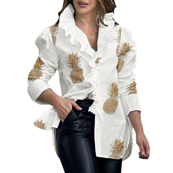New Abstract Print Puff Sleeves Ruffled Collar Women's Shirt