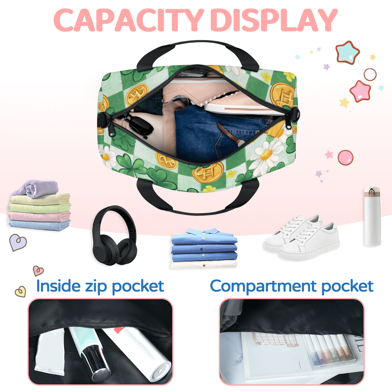 Herdesigns St. Patrick's Day Shamrock Gym Bag for Women, Duffle Bag for Travel Sport, Lightweight Waterproof Carry on Weekender Overnight Dance Yoga Workout Bags