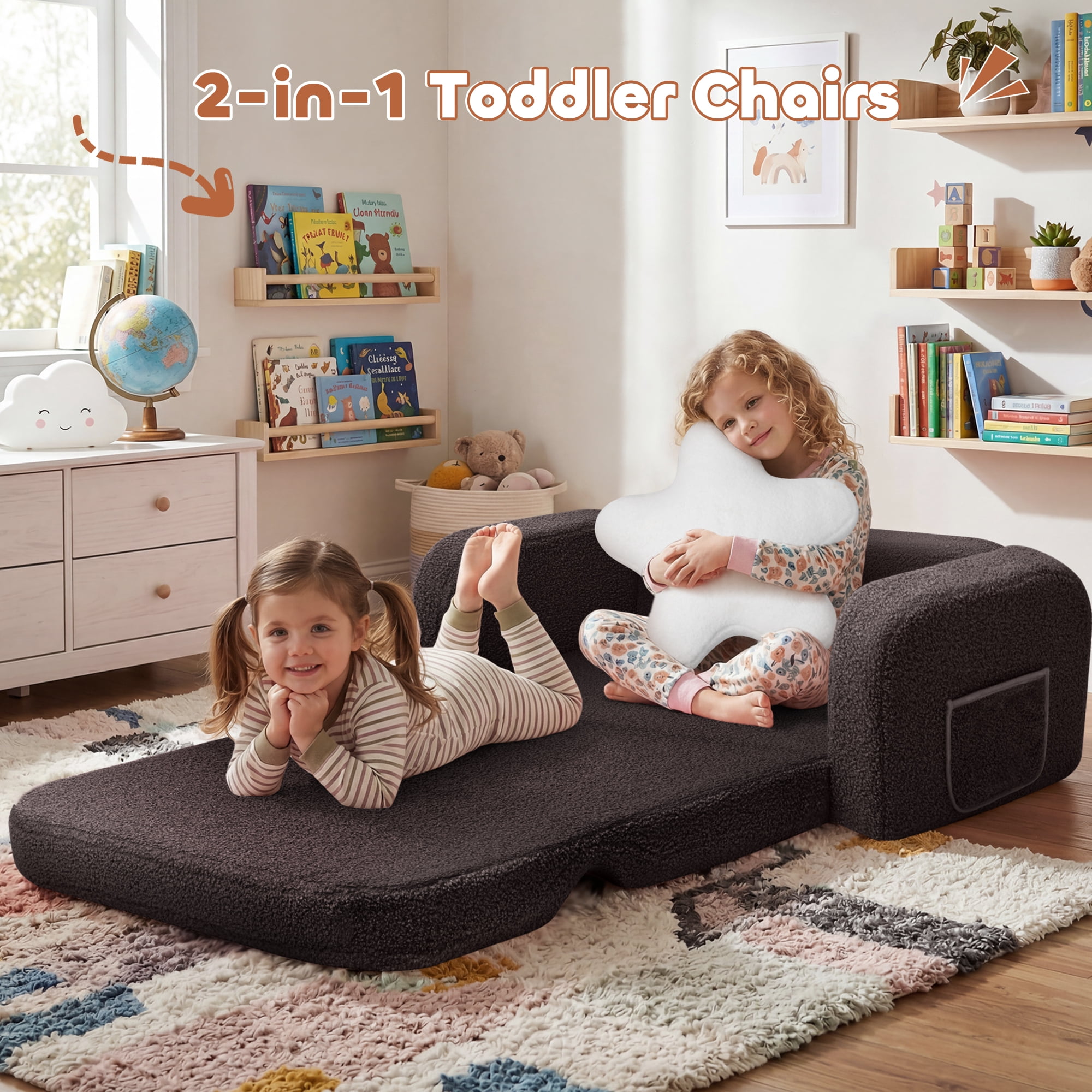 Babyeap Extra Wide Kids Chair,2-in-1 Convertible Toddler Chairs,Soft Comfy Kids Couch, Kids Sofa for Boys & Girls 3+,Brown