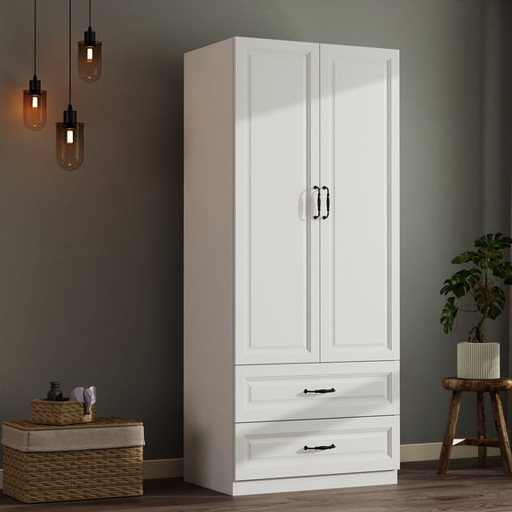 Modern Wooden Armoire Wardrobe Closet with 2 Doors & 2 Drawers, Clothing Storage Wardrobe Cabinet with Hanging Rod for Bedroom
