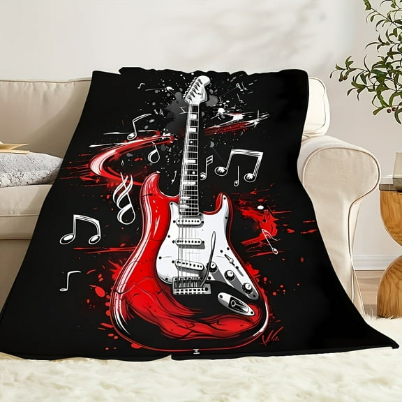 1pc Comfortable Modern Black & Red Rock Guitar Print Flannel Throw Blanket - Stylish, Soft, Warm, All-Season Gift Blanket for Sofa, Bed, Office