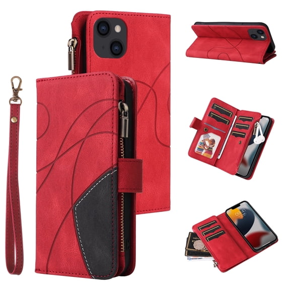 Case for Apple iPhone 15 Plus, Luxury Zipper Wallet Folio PU Leather Card Slots Holder Case Retro Style With Hand Strap,Full Body Protection Phone Shell,for iPhone 15 Plus - Red