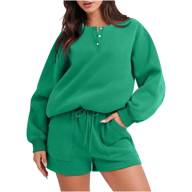 Ensemble de 2 Pcs pour Femmes 2023 Mode Col Rond Couleur Unie Blouse Manches Longues Hauts Chandail en Molleton Shorts Ensemble Décontracté en Liquidation