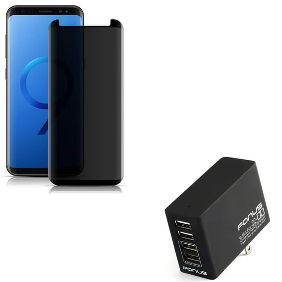 Compatible With Samsung Galaxy S9 - 3D Privacy Glass Screen Protector Tempered Anti-Peep w 34W 6.8 Amp 4-Port Rapid Travel Home Wall AC USB Charger