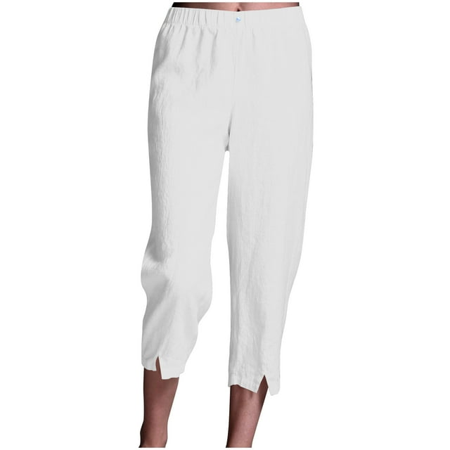 Maplenight Ladies' Cotton Linen Pants, Capris Pants Solid Color Elastic Waistband Casual Straight Leg Pants With Pockets Inch Pants Legs Split Beach Vacation Clothes 2025 on Clearance