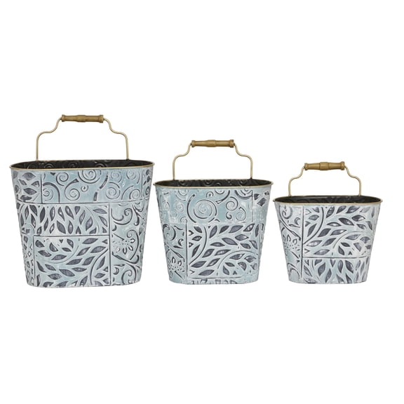 DecMode 10", 11", 13" Blue Metal Farmhouse Planter, 3 - Pieces