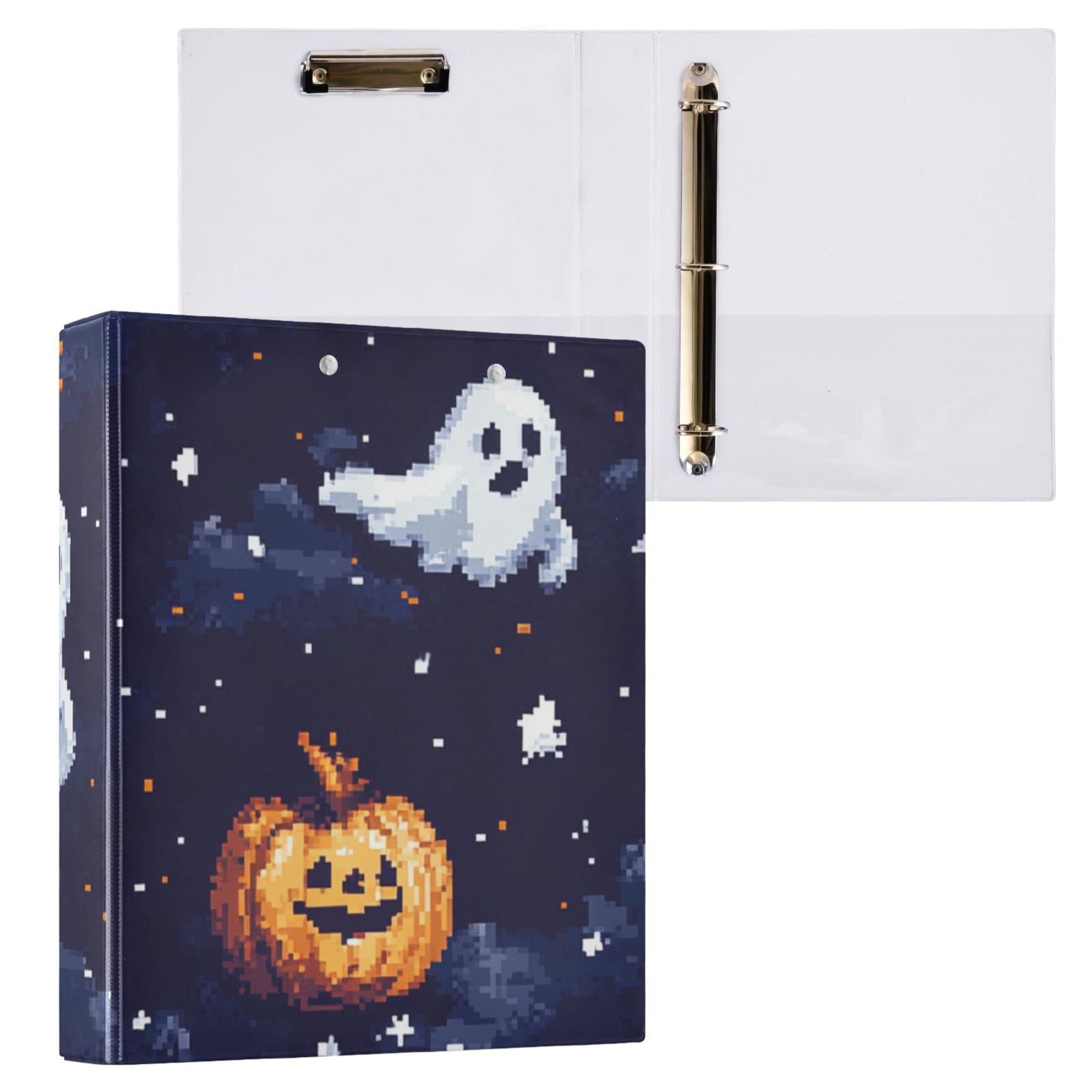 Pixel Ghosts Pumpkins 3 Ring Binders 1.5 inch Hardcover File Folders with Interior Pockets A4 Size Organizer for School Office Hospital
