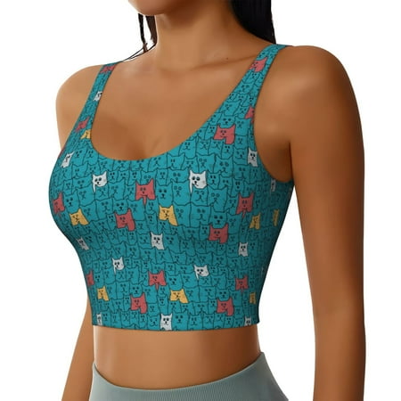 Picia Funny Cat Blue Sports Bra for Women Padded Strappy Sports Bras Medium Support Yoga Bra with Removable Cups Running Yoga Bra-Small
