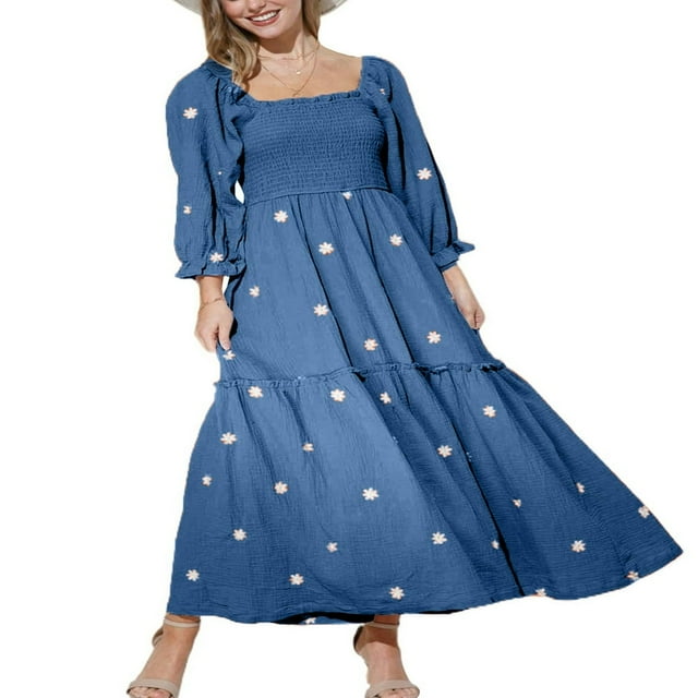 Robe Décontractée à Manches Longues Bouffantes Florale Col Carré Froncée Robe Longue de Soirée