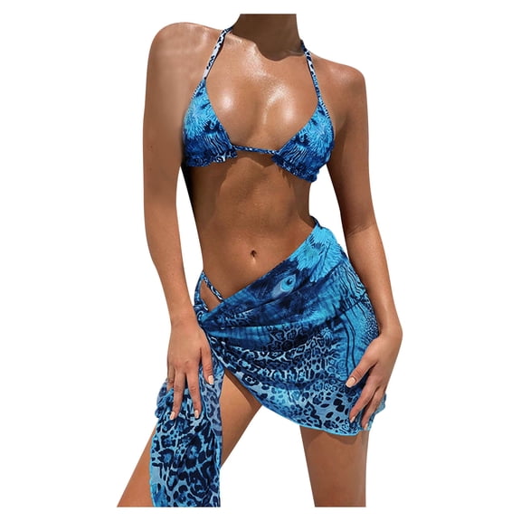 DHFJKG Womens Swimsuits 3 Piece Beach Bathing Suit Floral Leopard Print Bikini Sets Triangle Halter Side Tie Top Thong With Wrap Skirts Holiday Beachwear