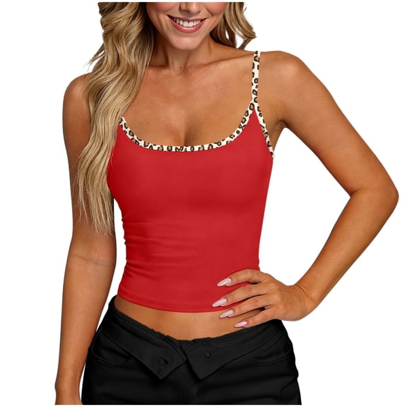 Camisole for Women Scoop Neck Spaghetti Strap Casual Slim Fit Leopard Print Trim Soft Stretchy Lightweight Summer Layered Look Tank Top