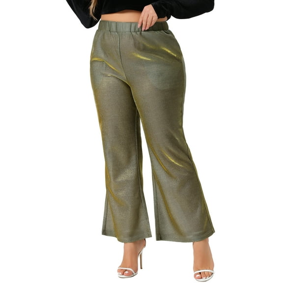 Agnes Orinda Women's Plus Size Metallic Sparkly Pants High Waist Wide Leg Pants Palazzo Trousers Clubwear 1X Gold