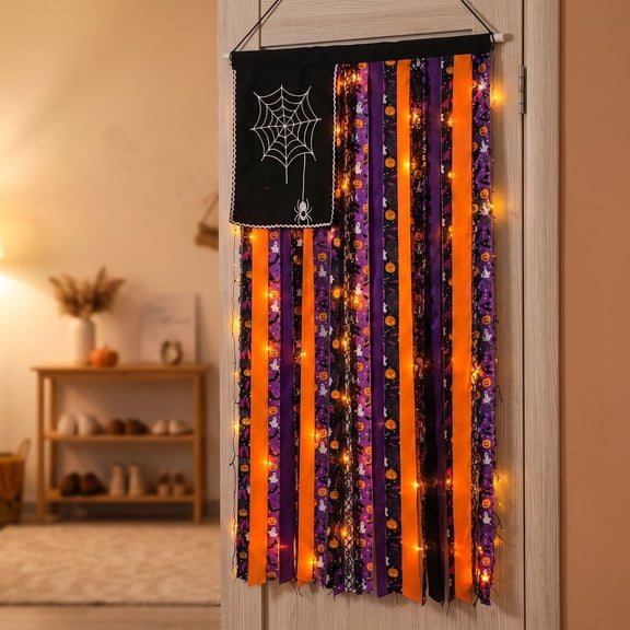 Halloween Light Up Ribbon Garland, Pumpkin Ghost Fabric Curtain, Spooky Door Hanging, Emits Warm Glow and Dynamic Visuals for Front Doors, Porch Walls, and Party Backdrops.