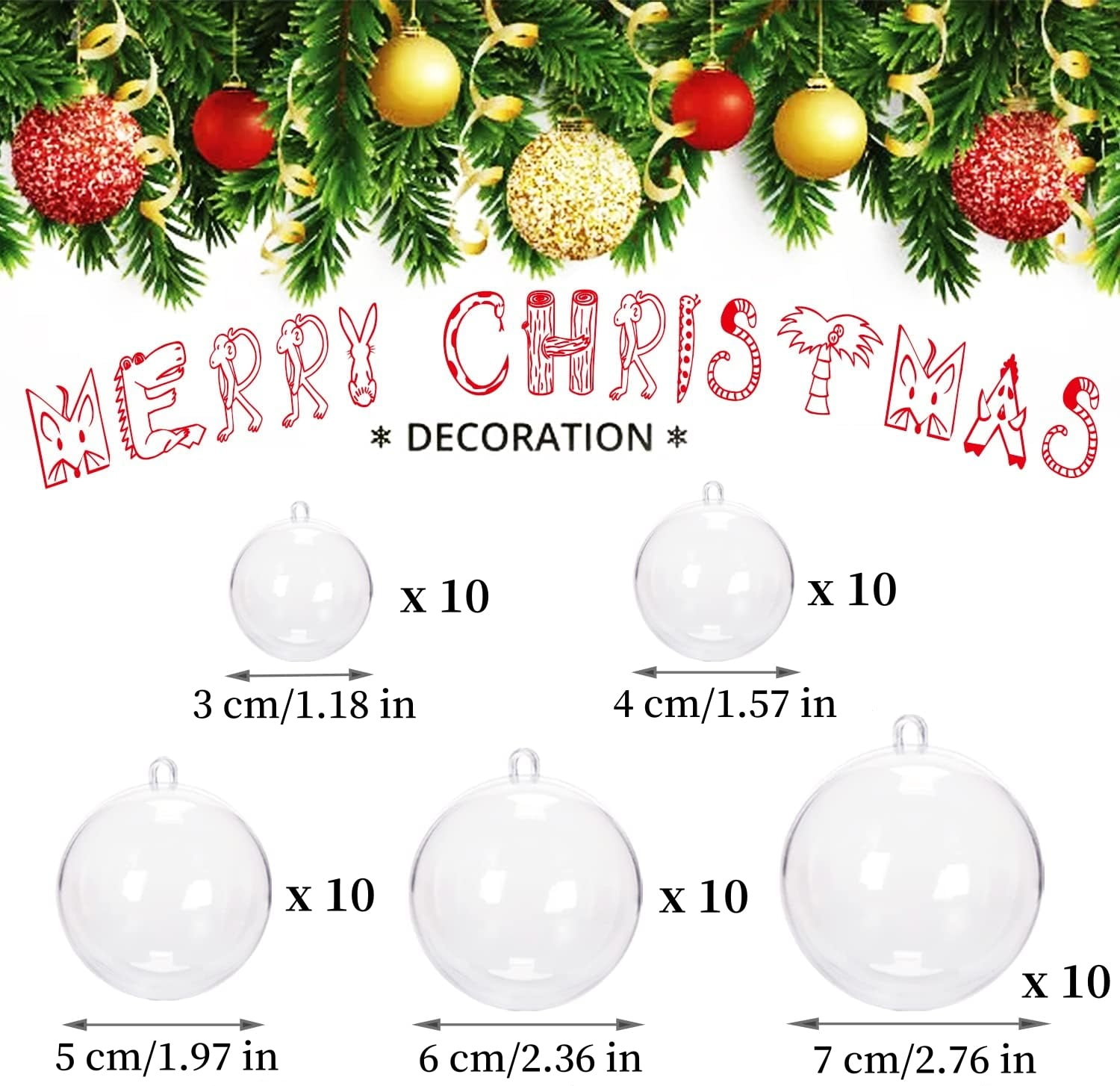 Topboutique 50 Pcs Clear Fillable Ornaments Ball Transparent DIY Craft Ball 5 Size Christmas Ornament Ball Acrylic Fillable Ball Plastic Decorative Hanging Ornaments Ball for Christmas Tree Decor
