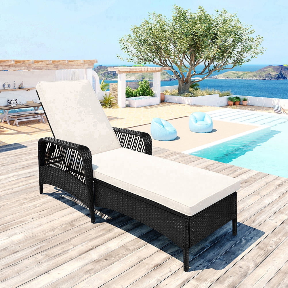 Private Jungle Outdoor Patio Pool PE Rattan Wicker Chair Wicker Sun Lounger, Adjustable Backrest, Beige Cushion, Black Wicker (1 set) Private Jungle Outdoor Patio Pool PE Rattan Wicker Chair Wicker Sun Lounger, Adjustable Backrest, Beige Cushion, Black Wicker (1 set)