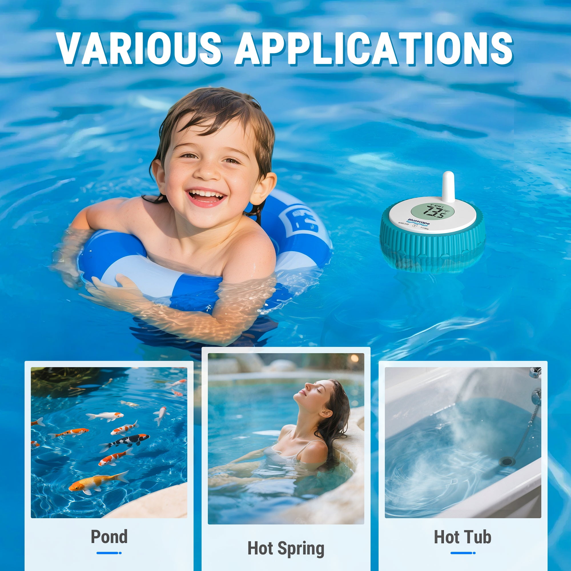 Bluescape Wireless Digital Pool Thermometer with IPX8 Waterproof Design and 500FT Range