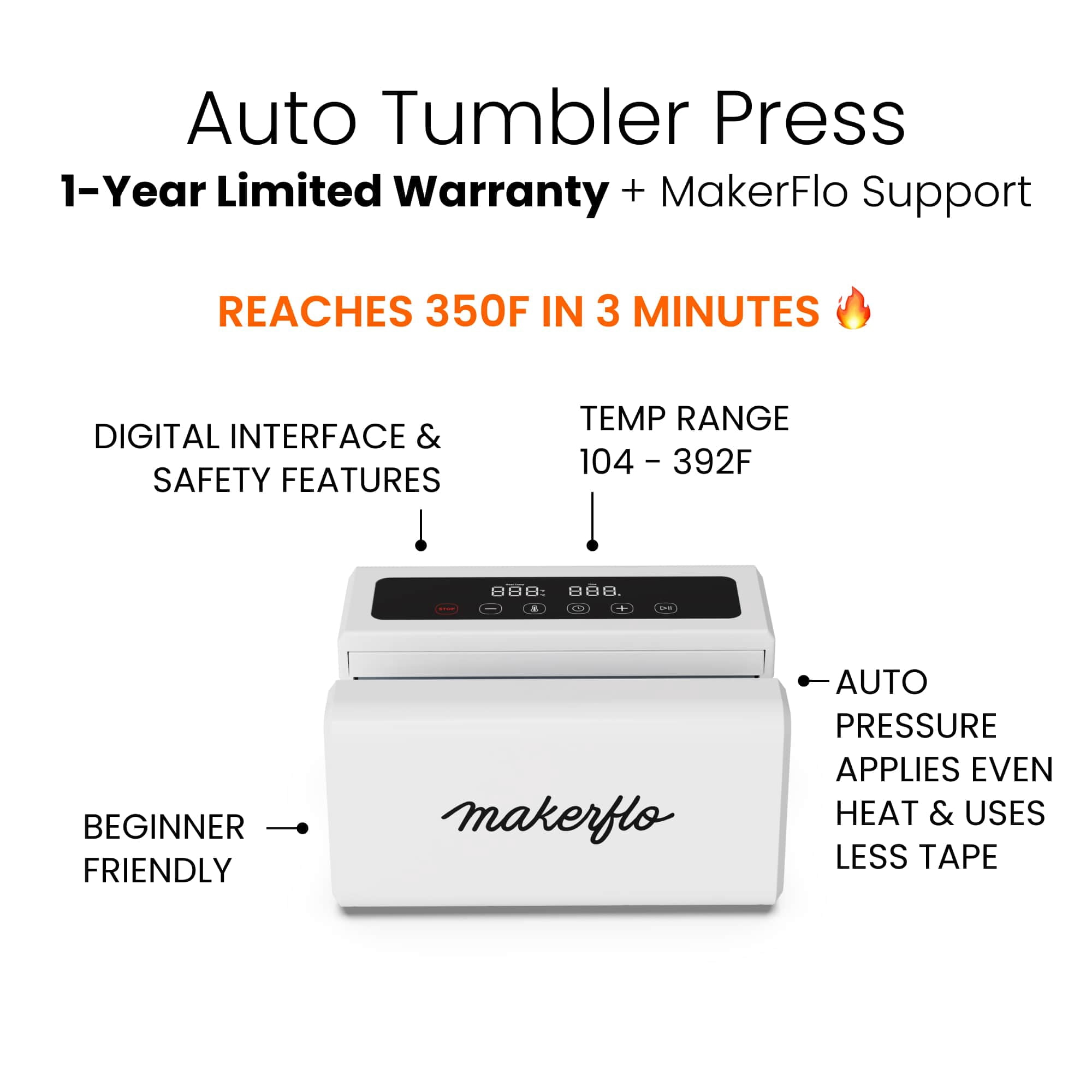 MakerFlo Automatic Tumbler Heat Press Machine, Auto Pressure Sublimation Mug Press for Tumblers, Mugs & Drinkware, Fast Heating with Even Heat Distribution, Digital Display, Heat Transfer Machine