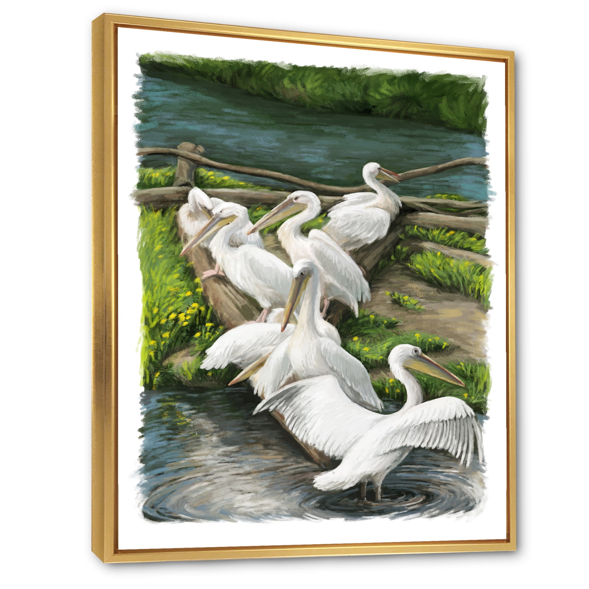 Pelicans Resting Near The river Water 20 in x 12 in Framed Painting Canvas Art Print, by Designart