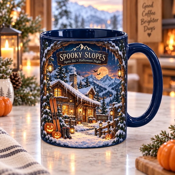 Accent Mug Spooky Ski Lodge and Pumpkin Scene for Halloween Coffee Breaks