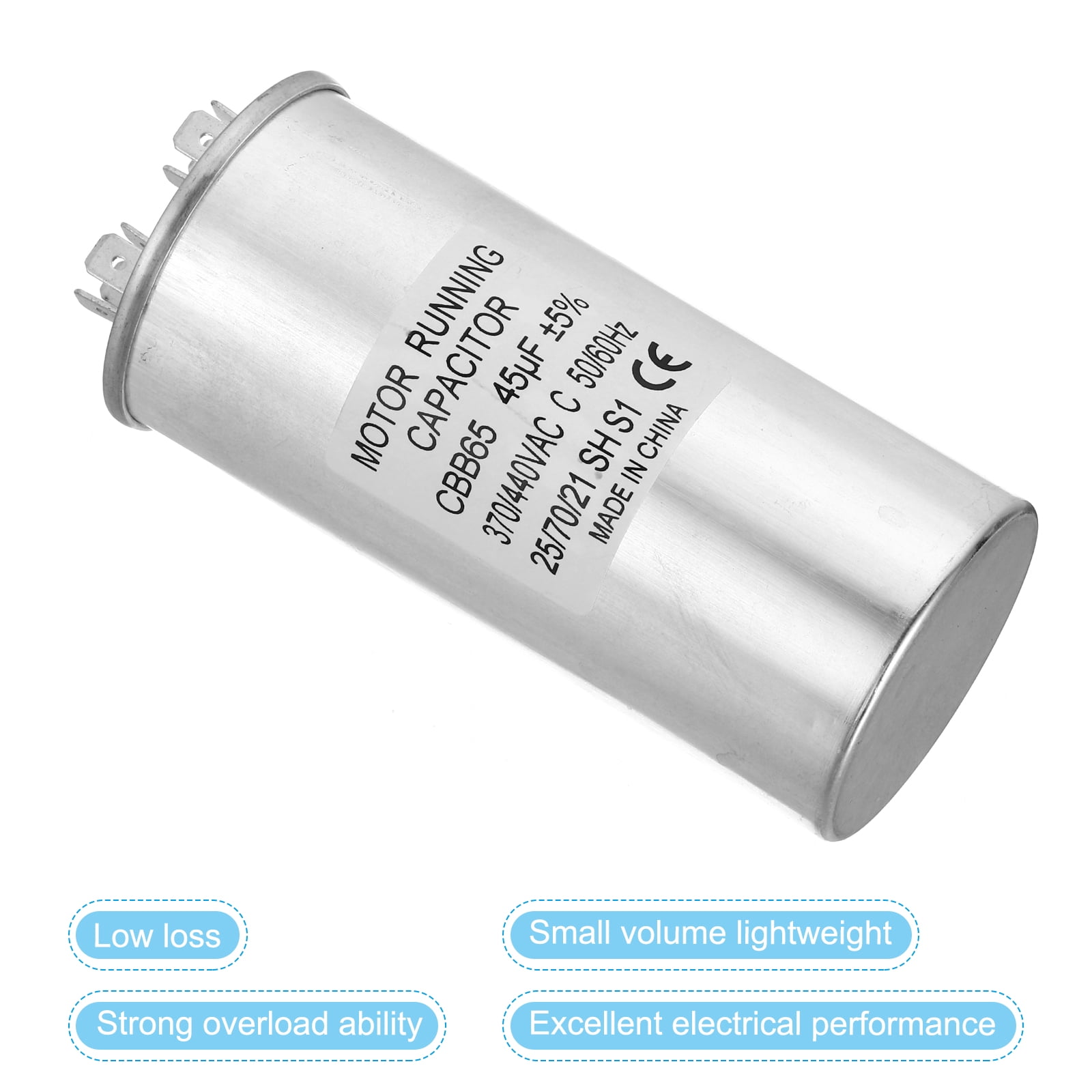 CBB65 45uf Run Capacitor, 45mfd AC 370/440V Aluminum Case with 2 Terminal for Air Conditioner