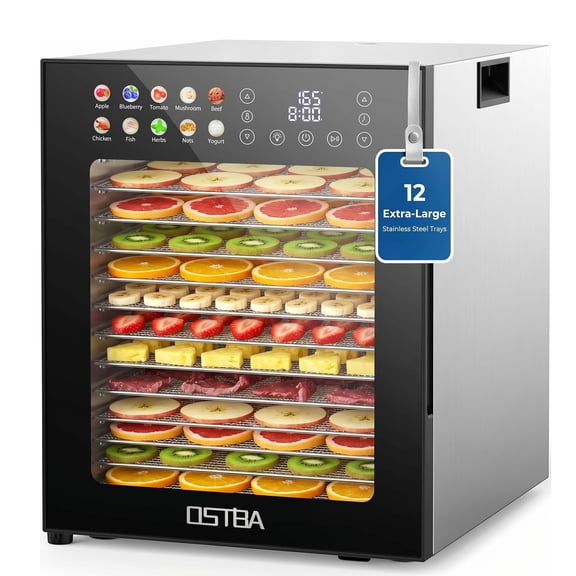 OSTBA 12-Tray Stainless Steel Food Dehydrator, 850W Digital Food Dryer with 10 Presets, 95-165℉ Temp Control, 48H Timer, Jerky, Fruit, Vegetable & Herb Dryer
