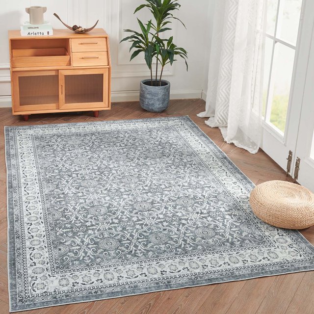 Rugking Area Rug 5X7 Persian Rug Vintage Indoor Thin Rug Soft Door Mat Grey Print Overdyed Boho Retro Floor Cover Farmhouse Washable Kitchen Bedroom