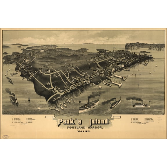 24"x36" Gallery Poster, map Peaks Island Portland harbor Maine 1886