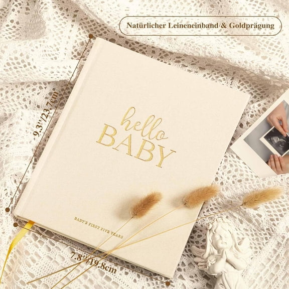 Beige Linen Hardcover Baby Memory Book - "Hello Baby" 154-Page, First 5-Year Keepsake for Boys/Girls