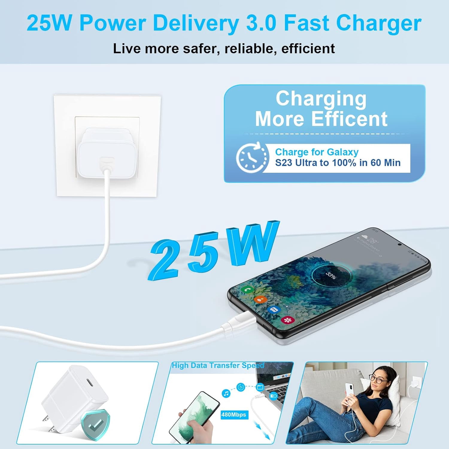 WEIFEI-25W Super Fast Charger, 10FT Long Android Phone C Charger USB Type C Cable Fast Charging for Samsung Galaxy A17 A16 5G A15 A14 5G A56 A55 A54 A53 A35 A13 S25 Ultra S24 FE S23 S22 S21 S20 A