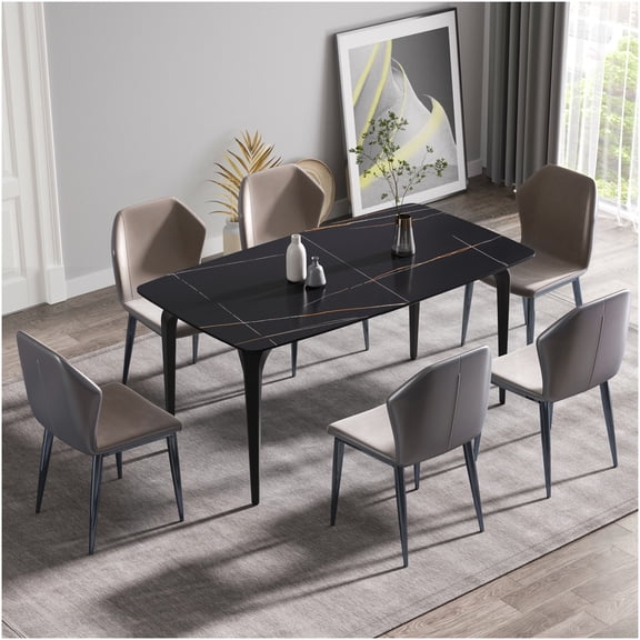 63 Inch Modern Black Sintered Stone Dining Table with Curved Metal Legs, Seating for 6