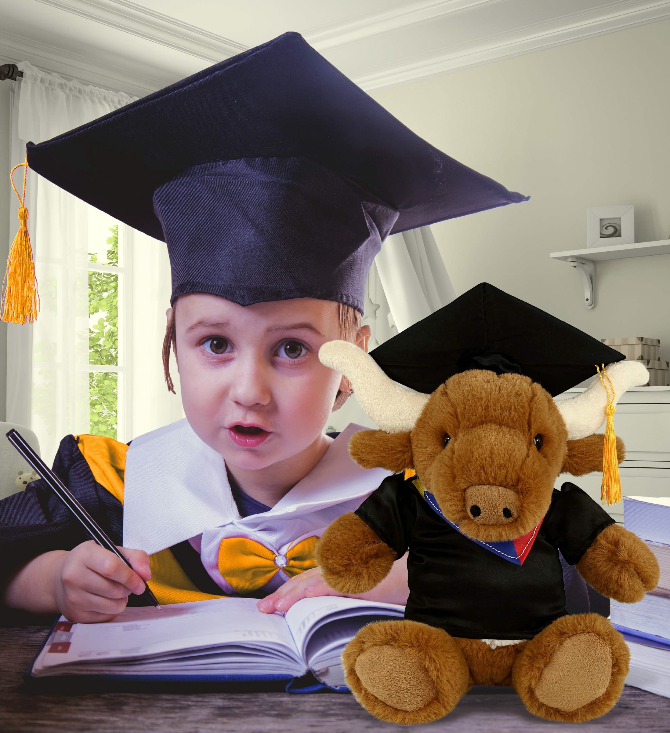 DolliBu Texas Longhorn Graduation Plush Toy - Super Soft Plush Graduation Stuffed Animal Dress Up with Gown and Cap with Tassel Outfit - Congratulatory Graduation Gift - 9 Inches