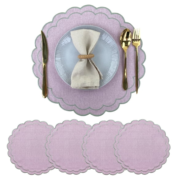 Linen Cotton Placemats Set of 4 Scalloped Flower Embroidery Place Mats 15'' Natural Linen Texture Fabric Machine Washable Table Mats for Restaurant Kitchen,Table Decor(White)