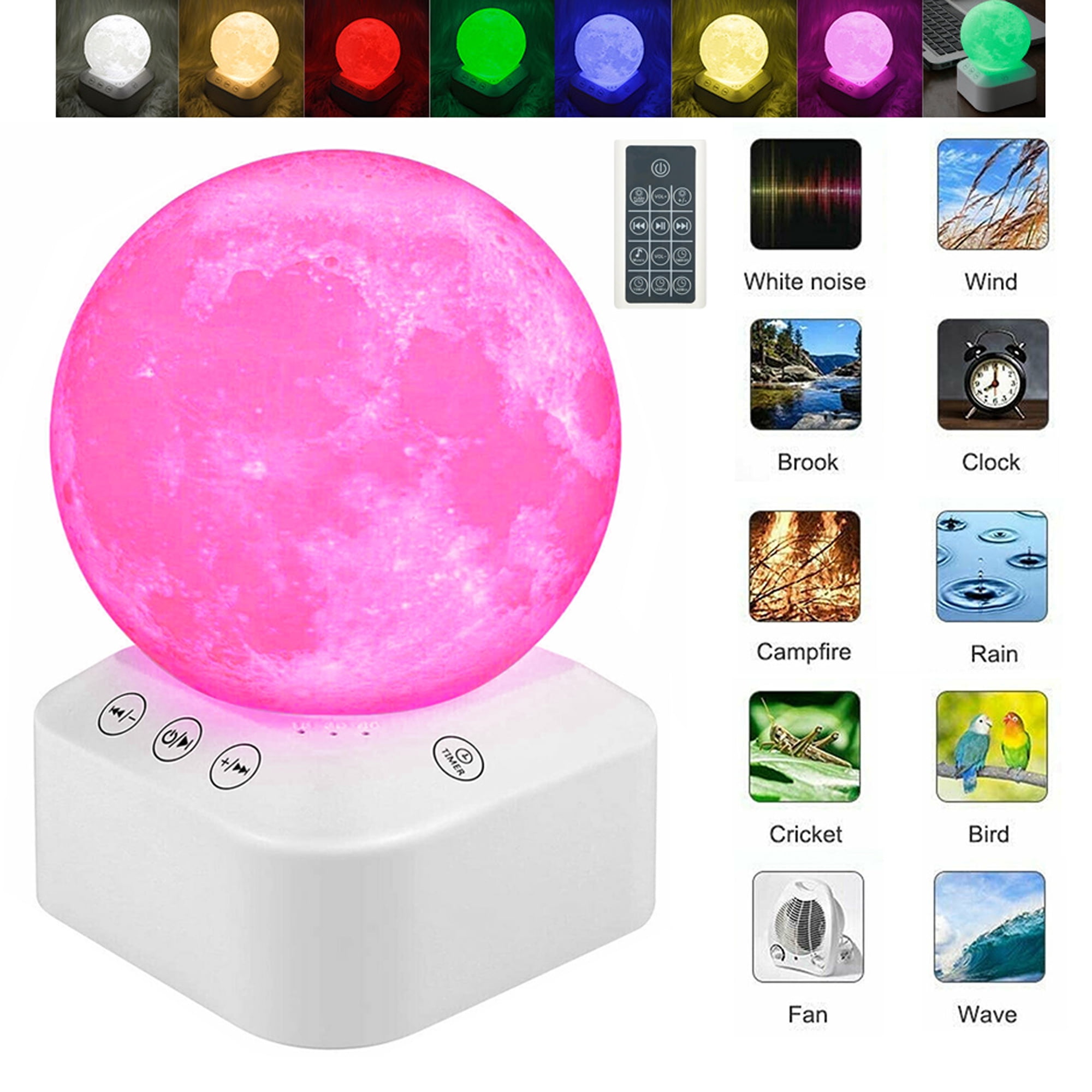 ALING Sound Machines White Noise Machine Sleep Night Light For Kids Adults Baby,Natural Soothing Sounds Music Timer White Noise Sleep Meter,Moon Lamp-Usb Charging