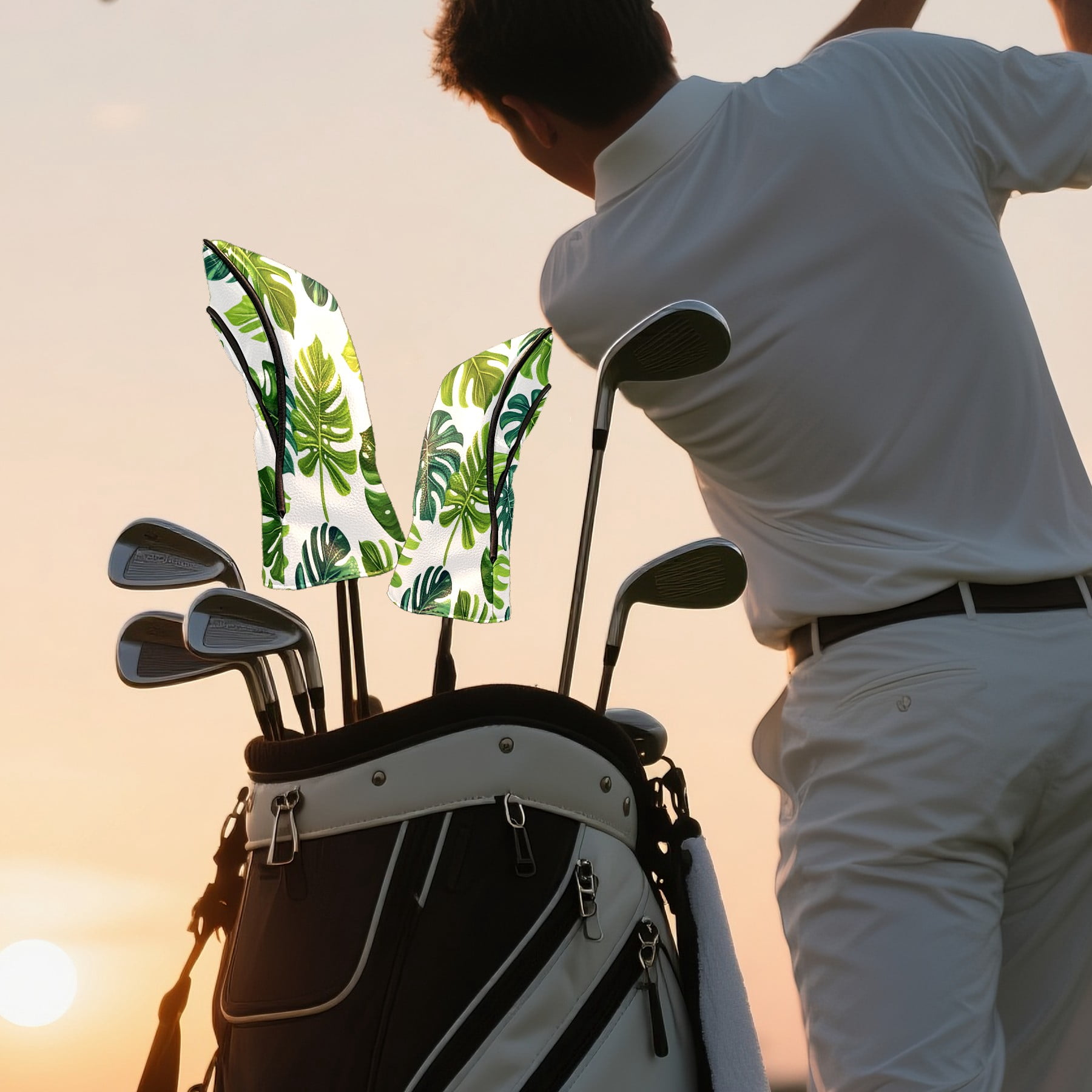 Golf Club Covers PU Leather Waterproof Head Covers for Fairway Woods Hybrids Green Leaves