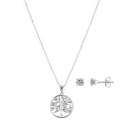 Believe by Brilliance Women's Fine Silver Plated Cubic Zirconia Family Tree Pendant Necklace and Stud Earring Set, 18+2" Extender