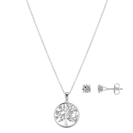 Believe by Brilliance Women's Fine Silver Plated Cubic Zirconia Family Tree Pendant Necklace and Stud Earring Set, 18+2" Extender