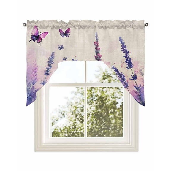 Spring Lavender Kitchen Curtains Swag Valance for Windows/Bathroom/Cafe, Butterfly Purple Farmhouse Floral Leaf Rod Pocket Drape Panel Swag Curtains Valance for Bedroom/Living Room 56"x36"